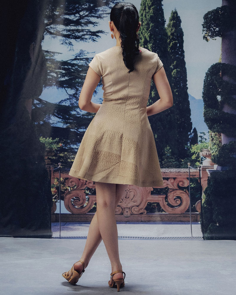 Sanddune Print Corset-Inspired Flair Dress with Cap-Sleeves