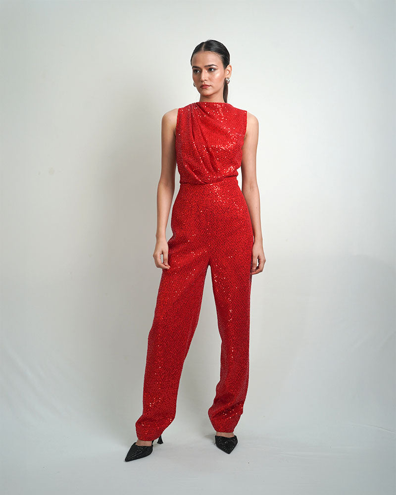Draped jumpsuit red shimmer