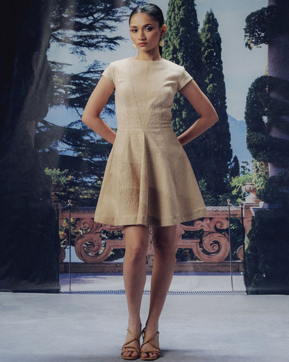 Sanddune Print Corset-Inspired Flair Dress with Cap-Sleeves