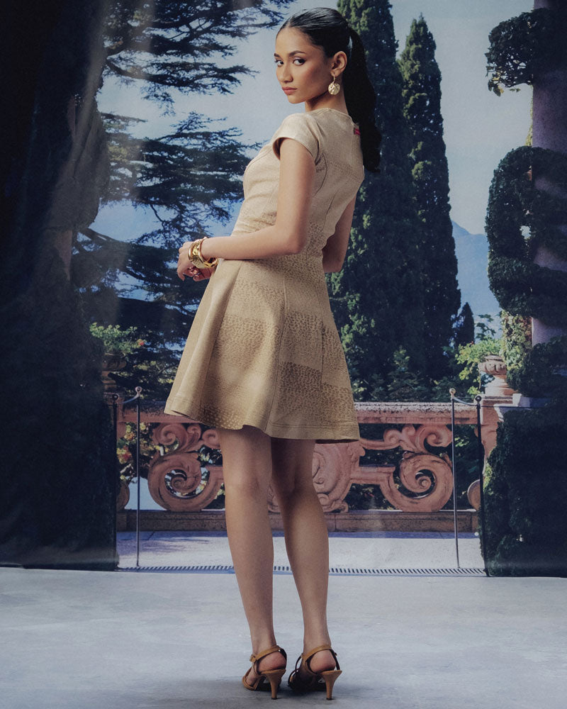 Sanddune Print Corset-Inspired Flair Dress with Cap-Sleeves