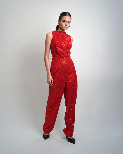 Draped jumpsuit red shimmer