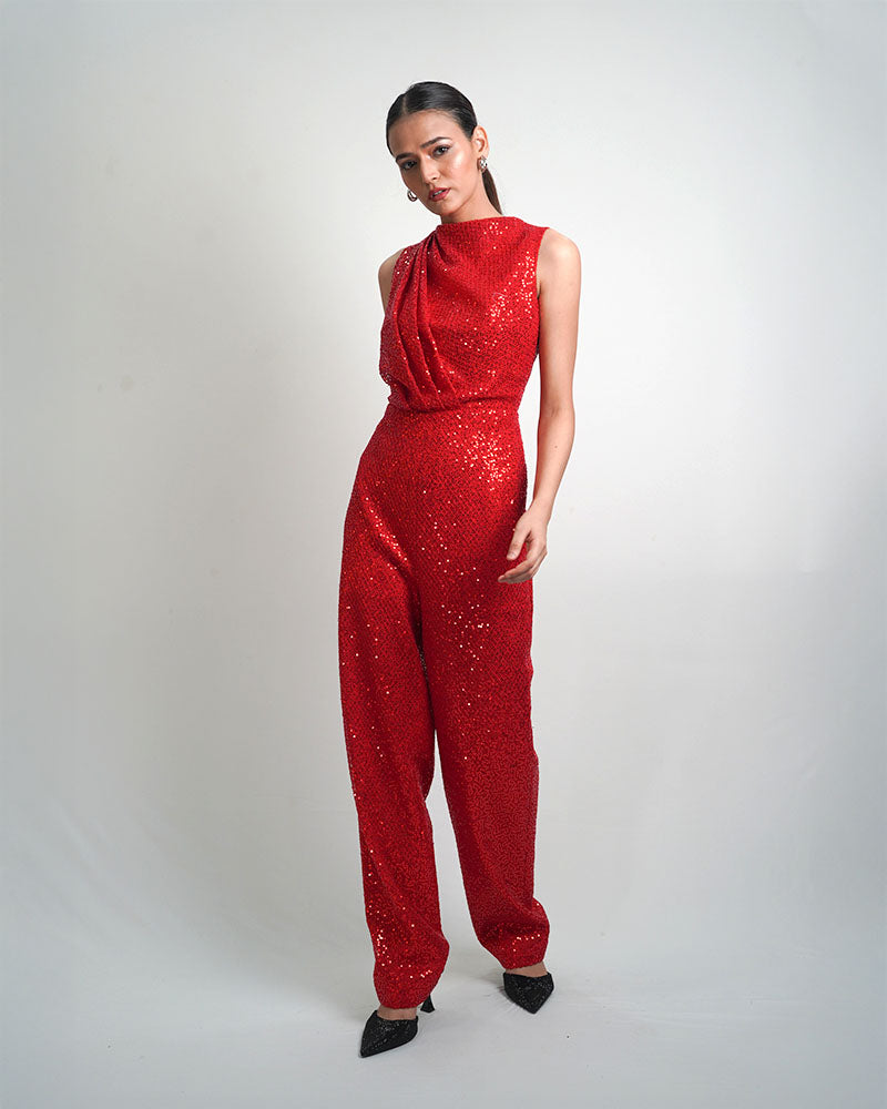 Draped jumpsuit red shimmer