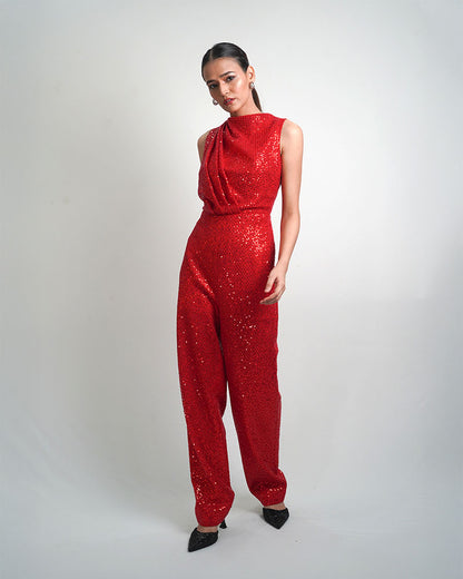 Draped jumpsuit red shimmer
